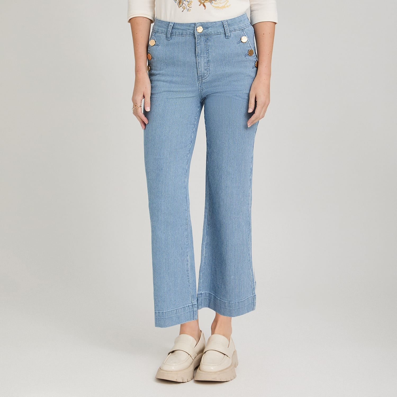 Jeans Culotte Listado con Botones Decorativos en Bolsillo Azul